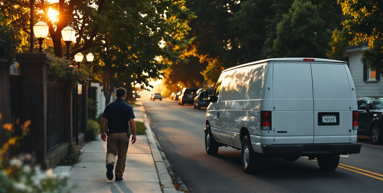 Plain white service van parked at a suburban curb while a technician walks toward a house—illustrative scene for home-service lead systems.