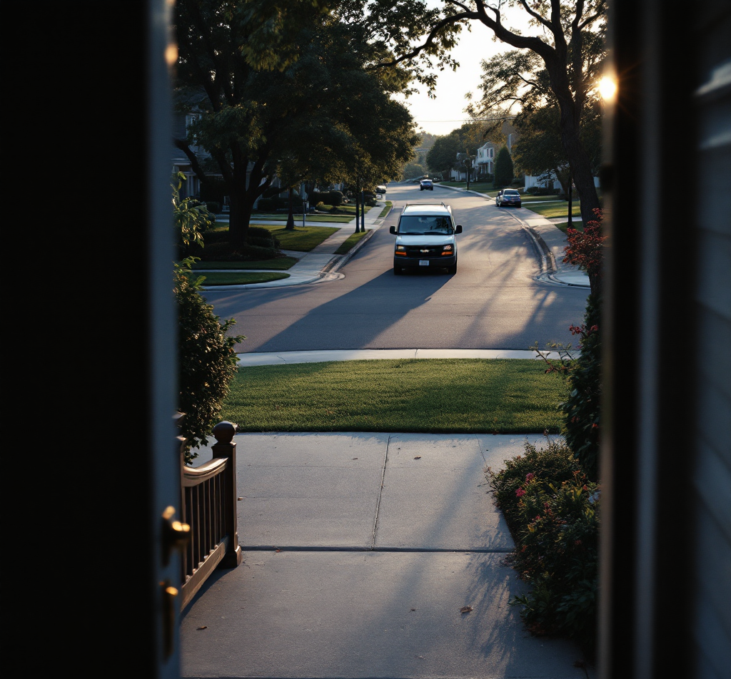 View from a front door across an empty driveway—waiting on a service appointment that has not arrived.