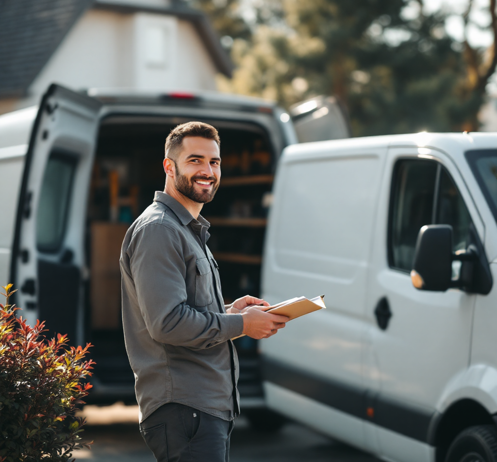 Service professional on the phone beside a plain white work van—ready to book the next job.